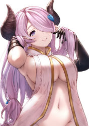 Rule 34 | armpits, asymmetrical gloves, black gloves, blue eyes, bottomless, braid, breasts, demon horns, draph, elbow gloves, gloves, granblue fantasy, hair over one eye, highres, horns, large breasts, light purple hair, long hair, low tied hair, narmaya (granblue fantasy), playing with own hair, pointy ears, purple hair, single braid, sleeveless, solo, stomach, teriton, uneven gloves, white background
