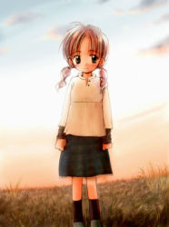 Rule 34 | 1girl, brown hair, child, cloud, grass, nature, original, outdoors, shiina asako, short twintails, sky, smile, solo, sunset, twintails