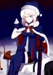 Rule 34 | 1girl, all fours, animal costume, artoria pendragon (all), artoria pendragon (fate), bag, black pantyhose, blue footwear, blue gloves, blue hat, blue santa costume, boots, capelet, excalibur morgan (fate), fate/grand order, fate (series), gift bag, gloves, hair between eyes, hair ribbon, hat, holding, holding bag, looking at viewer, pantyhose, red ribbon, reindeer costume, ribbon, saber alter, santa alter, santa boots, santa costume, santa hat, short hair with long locks, sidelocks, silver hair, sitting, sitting on person, sleeveless, thigh boots, thighhighs, west (west 0916), yellow eyes