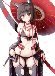 Rule 34 | 1girl, :o, absurdres, animal ear fluff, animal ears, bikini, black bikini, black thighhighs, blush, breasts, brown eyes, brown hair, cleavage, front-tie bikini top, front-tie top, garter straps, highres, holding, holding umbrella, large breasts, long sleeves, looking at viewer, non-web source, off shoulder, oil-paper umbrella, original, petals, red umbrella, reinama, scan, short hair, showgirl skirt, simple background, skindentation, solo, swimsuit, thighhighs, torn clothes, torn thighhighs, umbrella, white background