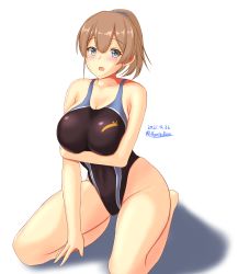Rule 34 | 1girl, black one-piece swimsuit, blue eyes, breasts, brown hair, dated, full body, highleg, highleg swimsuit, highres, intrepid (kancolle), kantai collection, large breasts, montemasa, multicolored clothes, multicolored swimsuit, one-hour drawing challenge, one-piece swimsuit, ponytail, short hair, simple background, solo, swimsuit, twitter username, white background