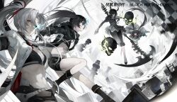 Rule 34 | 4girls, alpha (punishing: gray raven), bikini, bikini top only, black hair, black rock shooter, black rock shooter (character), blue eyes, boots, breasts, character name, character request, chess piece, copyright name, crossover, dead master, flaming eye, floating skull, full body, green eyes, highres, holding, holding scythe, holding sword, holding weapon, logo, long hair, multiple girls, navel, official art, punishing: gray raven, red eyes, scythe, second-party source, shorts, swimsuit, sword, weapon, white hair