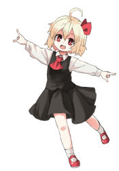 Rule 34 | 1girl, :d, blonde hair, fang, hair ribbon, open mouth, outstretched arms, red eyes, ribbon, rumia, shirt, short hair, skirt, smile, spread arms, touhou, vest, yunuki uta
