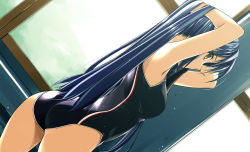Rule 34 | 1girl, adjusting hair, ass, bad id, bad pixiv id, blue hair, competition swimsuit, dutch angle, eiyuu densetsu, falcom, female focus, from behind, laura s. arseid, long hair, looking back, one-piece swimsuit, ponytail, sen no kiseki, shikei, solo, swimsuit, yellow eyes