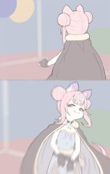 Rule 34 | animal ears, cape, double bun, facing away, fingerless gloves, gloves, hair bun, looking back, meme, mouse ears, mouse tail, photo-referenced, pink eyes, pink hair, tail, virtual youtuber