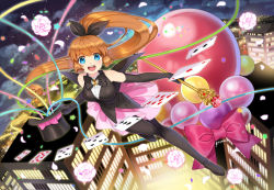 Rule 34 | 1girl, balloon, black gloves, black pantyhose, blue eyes, bow, briska, card, cloud, elbow gloves, flower, gloves, hair bow, haneoka meimi, hat, holding, holding wand, kaitou saint tail, long hair, looking at viewer, magical girl, open mouth, orange hair, pantyhose, playing card, ponytail, ribbon, rose, saint tail, skirt, sky, smile, solo, star (sky), starry sky, top hat, wand