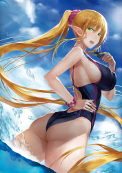 Rule 34 | 1girl, akitaka akita, ass, blonde hair, blush, bracelet, breasts, cloud, competition swimsuit, day, elf, green eyes, hair ornament, hair scrunchie, hand on own hip, highres, jewelry, large breasts, long hair, looking at viewer, one-piece swimsuit, open mouth, original, pointy ears, ponytail, scrunchie, sky, solo, swimsuit, wading, water, whistle