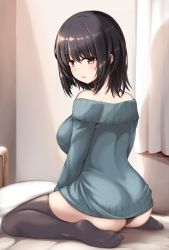 Rule 34 | 1girl, ass, bare shoulders, bed sheet, black hair, black panties, black thighhighs, blue sweater, blush, breasts, curtains, from side, full body, highres, indoors, large breasts, long sleeves, looking at viewer, looking to the side, no pants, no shoes, off-shoulder, off-shoulder sweater, off shoulder, on bed, original, panties, pantyshot, parted lips, pillow, red eyes, ribucci, shadow, shiny skin, short hair, sitting, solo, sweater, thighhighs, underwear, wariza