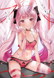 Rule 34 | 1girl, ahoge, animal ears, bow, bow panties, breasts, camisole, choker, cleavage, eyebrows, frilled panties, frills, highres, holding, holding own hair, hua shu tenma, long hair, looking at viewer, navel, panties, pink eyes, pink hair, rabbit ears, red camisole, red panties, ribbon, sitting, small breasts, smile, solo, striped clothes, striped thighhighs, thighhighs, tomari mari, tomari mari channel, twintails, underwear, very long hair, virtual youtuber
