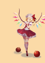 Rule 34 | 1girl, absurdres, ascot, blonde hair, bloomers, closed mouth, collared shirt, crystal, flandre scarlet, frilled shirt, frilled skirt, frills, full body, hands on own chest, hat, hat ribbon, highres, light smile, mob cap, multicolored wings, no socks, puffy short sleeves, puffy sleeves, red eyes, red footwear, red ribbon, red skirt, red vest, ribbon, shirt, short sleeves, simple background, skirt, skirt set, sleeve ribbon, solo, touhou, underwear, vest, white bloomers, white hat, white shirt, wings, yellow ascot, yellow background, yongzhe mei hong