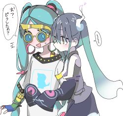 Rule 34 | ..., 2girls, black sleeves, blue-tinted eyewear, blue hair, blush, bracelet, creatures (company), detached arm, detached sleeves, earrings, game freak, ghost miku (project voltage), glitch, gloves, gradient hair, green eyes, grey shirt, hair between eyes, hair tie, hatsune miku, highres, hoop earrings, hug, jewelry, long hair, looking at another, multicolored clothes, multicolored gloves, multicolored hair, multiple girls, necktie, nintendo, normal miku (project voltage), open mouth, pale skin, pokemon, print sleeves, project voltage, sameno (dona2oisii), see-through, see-through skirt, shirt, simple background, skirt, sleeveless, sleeveless shirt, sleeves past fingers, sleeves past wrists, smile, speech bubble, spoken ellipsis, sunglasses, sweatdrop, t-shirt, tinted eyewear, translation request, twintails, very long hair, vocaloid, white background, white hair, white necktie, white shirt, yellow-framed eyewear