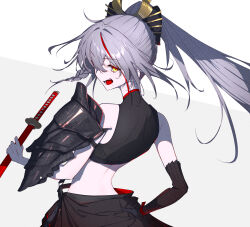 Rule 34 | 1girl, akafuyu (arknights), arknights, armor, bare shoulders, black gloves, braid, commentary, crop top, elbow gloves, from behind, gloves, grey hair, hair between eyes, hand on own hip, high ponytail, highres, holding, holding sword, holding weapon, karasuri, katana, looking at viewer, looking back, multicolored hair, one eye covered, open mouth, ponytail, red hair, simple background, single elbow glove, solo, streaked hair, sword, teeth, tongue, upper body, weapon, white background, yellow eyes