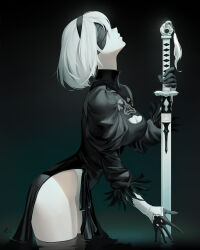 Rule 34 | 1girl, black blindfold, black dress, blindfold, cleavage cutout, clothing cutout, dress, from side, gloves, hairband, highres, juliet sleeves, leotard, leotard under clothes, long sleeves, looking up, nier:automata, nier (series), puffy sleeves, r 1 c 0, short hair, sword, water, weapon, white hair, 2b (nier:automata)