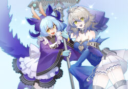 Rule 34 | 2girls, absurdres, bare shoulders, blue dress, blue hair, dragon horns, dress, duel monster, grey hair, highres, holding, holding staff, horns, laundry dragonmaid, long sleeves, maid, multiple girls, open mouth, short hair, sleeves past wrists, sparkle, staff, tearlaments merrli, teeth, thighhighs, tiara, upper body, upper teeth only, veil, yellow eyes, yu-gi-oh!, yutou yutou yu