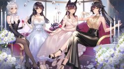 Rule 34 | 4girls, alternate costume, animal ears, atago (azur lane), azur lane, bare shoulders, black footwear, black skirt, breasts, bridal gauntlets, brown pantyhose, candle, candlestand, choukai (azur lane), cleavage, couch, crossed legs, cup, dog ears, dog girl, dress, drink, drinking glass, evening gown, flower, full body, gloves, hatoyama itsuru, high heels, holding, holding cup, indoors, large breasts, long hair, long sleeves, looking at viewer, maya (azur lane), medium breasts, multiple girls, no bra, on couch, pantyhose, platform footwear, ponytail, red wine, see-through, see-through silhouette, short hair, sideboob, sitting, skirt, sleeveless, small breasts, strappy heels, takao (azur lane), very long hair, white dress, white gloves, white hair, wine, wine glass, yellow eyes