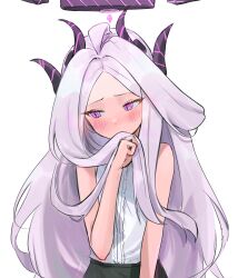 Rule 34 | 1girl, absurdres, ahoge, averting eyes, black skirt, blue archive, blush, commentary request, covering own mouth, demon girl, demon horns, embarrassed, forehead, grey hair, halo, head tilt, highres, hina (blue archive), horns, long hair, looking to the side, multiple horns, nonoa, official alternate costume, official alternate hairstyle, parted bangs, playing with own hair, purple eyes, purple horns, shirt, sidelocks, simple background, skirt, sleeveless, sleeveless shirt, solo, wavy hair, white background, white hair, white shirt