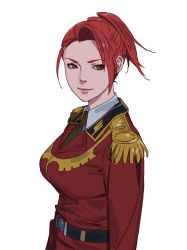 Rule 34 | 1girl, belt, black belt, black necktie, breasts, closed mouth, epaulettes, from side, green eyes, gundam, gundam ms igloo, highres, jacket, large breasts, looking at viewer, monique cadillac, necktie, onsen tamago (hs egg), ponytail, red hair, red jacket, red skirt, short hair, simple background, skirt, smile, solo, upper body, white background