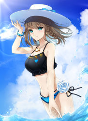 Rule 34 | 1girl, bare shoulders, bikini, black bikini, blue bikini, blue sky, blush, braid, breasts, brown hair, chako (pixiv 68948388), charlotte corday (fate), charlotte corday (swimsuit caster) (fate), charlotte corday (swimsuit caster) (first ascension) (fate), cleavage, collarbone, fate/grand order, fate (series), flower, green eyes, hat, highres, jewelry, large breasts, looking at viewer, mismatched bikini, navel, necklace, ocean, pendant, short hair, side braid, sky, smile, solo, sun hat, swimsuit, thighs, wading, white hat