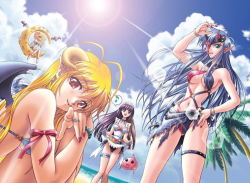 Rule 34 | 4girls, alice (ragnarok online), antenna hair, apple, apron, arm up, banana, bare shoulders, barefoot, beach, bikini, blonde hair, blue hair, blue sky, bracelet, breasts, clothes lift, cloud, day, demon girl, demon wings, dutch angle, earrings, feet, food, fruit, grapes, green eyes, happy, horizon, horns, jewelry, jpeg artifacts, legs, lens flare, light rays, loli ruri, long hair, looking at viewer, maid, maid apron, maid headdress, multiple girls, musical note, nail polish, navel, open mouth, outdoors, pointing, pointy ears, poring, purple hair, ragnarok online, red eyes, ribbon, ring, sand, skirt, skirt lift, sky, slingshot swimsuit, smile, standing, succubus (ragnarok online), summer, sun, sunlight, swimsuit, thigh strap, tree, underboob, very long hair, water, wings, zealotus, zherlthsh