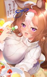 Rule 34 | 1girl, absurdres, ahoge, akiba monaka, alternate costume, animal ears, breasts, brown hair, casual, commentary request, dango, food, headband, highres, horse ears, large breasts, long sleeves, looking at viewer, meisho doto (umamusume), open mouth, purple eyes, ribbed sweater, solo, sweater, sweets, tears, turtleneck, turtleneck sweater, umamusume, wagashi, white sweater