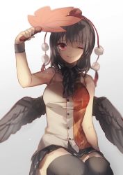Rule 34 | 1girl, adapted costume, arm up, bare shoulders, black hair, black thighhighs, black wings, breasts, gradient background, hat, highres, leaf, looking at viewer, maple leaf, medium breasts, miniskirt, no-kan, one eye closed, pom pom (clothes), red eyes, shameimaru aya, shirt, short hair, sitting, skirt, sleeveless, smile, solo, string, thighhighs, tokin hat, touhou, wings, wrist cuffs, zettai ryouiki
