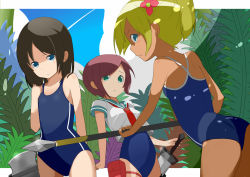 Rule 34 | 3girls, axe, bad id, bad pixiv id, black hair, blonde hair, blue eyes, competition school swimsuit, green eyes, jungle, multiple girls, nature, new school swimsuit, one-piece swimsuit, original, polearm, red hair, school swimsuit, school uniform, serafuku, short hair, spear, swimsuit, swimsuit under clothes, sword, tamakorogashi, weapon
