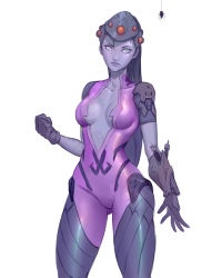 Rule 34 | 1girl, bad id, bad pixiv id, bodysuit, breasts, bug, center opening, clenched hand, colored skin, cowboy shot, earrings, hair between eyes, hair slicked back, head-mounted display, highres, jewelry, lipstick, long hair, looking at another, makeup, medium breasts, nose, overwatch, overwatch 1, pink bodysuit, ponytail, purple lips, purple skin, shiny clothes, short sleeves, simple background, sketch, solo, spider, spider tattoo, stud earrings, tattoo, visor, white background, widowmaker (overwatch), yeedeea, yellow eyes