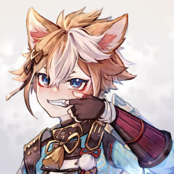 Rule 34 | 1boy, animal ear fluff, animal ears, blonde hair, blue eyes, blue shirt, brown gloves, clenched teeth, eyebrows hidden by hair, fang, finger in own mouth, fingerless gloves, genshin impact, gloves, gorou (genshin impact), grey background, hair between eyes, hand up, highres, hozumi rino, long sleeves, looking at viewer, male focus, mouth pull, multicolored hair, shirt, short eyebrows, solo, teeth, thick eyebrows, two-tone hair, upper body, white hair