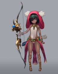 Rule 34 | 1girl, arrow (projectile), bare shoulders, black hair, blue eyes, bow (weapon), closed mouth, copyright request, dark-skinned female, dark skin, full body, grey background, hair over one eye, highres, holding, holding bow (weapon), holding weapon, hood, hood up, leotard, looking at viewer, medium hair, one eye covered, quiver, sandals, simple background, smile, solo, unizou, weapon, white leotard