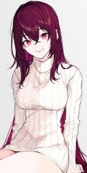 Rule 34 | 1girl, absurdres, bad id, bad pixiv id, breasts, commentary request, fate/grand order, fate (series), grey background, hair intakes, highres, kayahara, large breasts, long hair, long sleeves, looking at viewer, purple eyes, purple hair, ribbed sweater, scathach (fate), scathach (fate), smile, sweater, turtleneck, turtleneck sweater