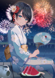Rule 34 | 1girl, aerial fireworks, black hair, blue eyes, blue kimono, blurry, blurry foreground, blush, cityscape, cloud, commentary request, depth of field, eyelashes, fireworks, floral print, flower, food, fruit, gradient eyes, green eyes, grin, hair flower, hair ornament, hand fan, highres, holding, holding fan, hololive, japanese clothes, kanzashi, kayari buta, kimono, light particles, long sleeves, looking at viewer, looking to the side, multicolored eyes, myusha, night, night sky, obi, obijime, oozora subaru, orange sash, outdoors, paper fan, parted bangs, pier, plant, plate, print kimono, sash, seigaiha, short hair, sitting, sky, skyline, smile, solo, subaru duck, swept bangs, teeth, virtual youtuber, water, watermelon, watermelon slice, white flower, wide sleeves