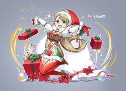 Rule 34 | 1girl, alternate costume, blonde hair, box, copyright name, dress, feh (fire emblem heroes), fire emblem, fire emblem heroes, fur trim, gift, gift box, gloves, green eyes, grey background, hat, kishiro azuhito, long hair, long sleeves, merry christmas, nintendo, open mouth, orb, pom pom (clothes), red gloves, red hat, sack, santa hat, sharena (fire emblem), simple background, solo