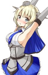Rule 34 | 1girl, absurdres, aikawa ryou, armpits, arms up, blonde hair, blue eyes, blue necktie, braid, breasts, capelet, colorado (kancolle), cowboy shot, dress, elbow gloves, garrison cap, gloves, grey dress, hat, headgear, highres, kantai collection, large breasts, necktie, pleated dress, shirt, short hair, side braids, sideboob, simple background, sleeveless, solo, white background, white shirt