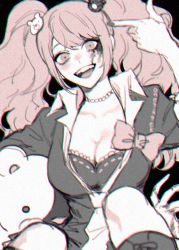 Rule 34 | 1girl, bear hair ornament, blood, blood on face, bow, breasts, choker, cleavage, danganronpa: trigger happy havoc, danganronpa (series), enoshima junko, finger gun, finger gun to head, hair ornament, large breasts, limited palette, looking at viewer, monokuma, necktie, onegingek, open mouth, simple background, solo, stuffed animal, stuffed toy, teddy bear, twintails, upper body