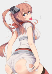 Rule 34 | 10s, 1girl, ahoge, ass, bad id, bad pixiv id, blue eyes, breast pocket, breasts, brown hair, condom, condom in mouth, dress, fedsnk, funnel, grey background, hair between eyes, highres, kantai collection, large breasts, long hair, looking at viewer, mouth hold, neckerchief, pocket, ponytail, red neckerchief, red thighhighs, saratoga (kancolle), side ponytail, simple background, smile, smokestack, solo, thighhighs, torn clothes, white dress