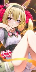 Rule 34 | 1girl, black hairband, blonde hair, blurry, blurry foreground, breasts, closed mouth, commentary request, depth of field, dress, feet out of frame, grenade hair ornament, hair between eyes, hairband, hand up, headgear, highres, hoshimiya aki, ikine tomeru, indie virtual youtuber, knees up, panties, purple eyes, short sleeves, small breasts, solo, twintails, underwear, virtual youtuber, white dress, white panties