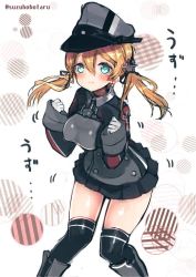 Rule 34 | 10s, 1girl, :3, anchor hair ornament, black ribbon, black skirt, black thighhighs, blonde hair, blue eyes, blush, breasts, cross, gloves, hair ornament, hair ribbon, hat, iron cross, kantai collection, large breasts, long hair, long sleeves, microskirt, military, military uniform, motion lines, over-kneehighs, peaked cap, pleated skirt, prinz eugen (kancolle), ribbon, skirt, smile, solo, suzuho hotaru, thighhighs, translation request, twintails, twitter username, uniform, white gloves