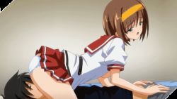 Rule 34 | 10s, 1boy, 1girl, animated, animated gif, ass, bed, blush, brown hair, face in ass, fukubiki! triangle: miharu after, grinding, hairband, panties, school uniform, shinonome futaba, short hair, sitting, sitting on face, sitting on person, underwear, white panties