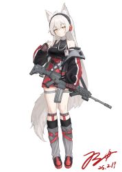 1girl absurdres animal_ears badge bare_shoulders boots breasts grey_hair headphones highres holding holding_weapon jacket jerry_wang leg_warmers long_hair medium_breasts military_operator original skindentation skirt standing tachi-e tail thigh_gap thigh_strap very_long_hair weapon white_background white_hair yellow_eyes