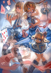Rule 34 | 2girls, absurdres, alice (alice in wonderland), alice in wonderland, alice margatroid, apron, blonde hair, blue dress, blue eyes, boots, bow, cape, card, dress, hair bow, hairband, highres, lance, looking at viewer, multiple girls, myero, outstretched arm, polearm, sash, shanghai doll, shield, signature, striped clothes, striped legwear, striped thighhighs, thighhighs, touhou, waist apron, weapon
