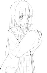 Rule 34 | 1girl, absurdres, blush, bow, closed mouth, commentary request, greyscale, heart, highres, hololive, jacket, long hair, long sleeves, looking at viewer, momosuzu nene, momosuzu nene (casual), monochrome, okota mikan, on head, open clothes, open jacket, pleated skirt, puffy long sleeves, puffy sleeves, shirt, simple background, skirt, sleeves past wrists, solo, very long hair, virtual youtuber, white background