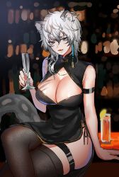 Rule 34 | 1girl, animal ears, arknights, arm strap, arm support, bad id, bad twitter id, bare arms, bare shoulders, black dress, breasts, china dress, chinese clothes, commentary request, crossed legs, cup, dress, genderswap, genderswap (mtf), grey eyes, highres, holding, holding cup, hominamia, large breasts, leopard ears, leopard tail, long hair, looking at viewer, scar, silver hair, silverash (arknights), sitting, sleeveless, sleeveless dress, smile, solo, tail, thigh strap, thighhighs, thighs