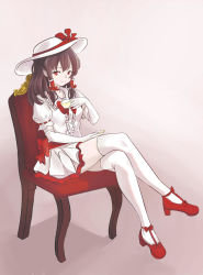 Rule 34 | bow, chair, corruption, cup, dress, gloves, hakurei reimu, hat, hat bow, hat ribbon, high heels, highres, crossed legs, mary janes, medium hair, miniskirt, red bow, red footwear, redomar, reimu scarlet, ribbon, shoes, sitting, skirt, teacup, thighhighs, touhou, vampire, waist bow, white background, white dress, white gloves, white headwear, white legwear