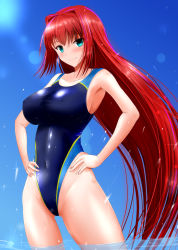 Rule 34 | 1girl, aozaki aoko, blue eyes, blue one-piece swimsuit, breasts, collarbone, commentary request, competition swimsuit, cowboy shot, hands on own hips, highleg, highleg swimsuit, highres, large breasts, long hair, mahou tsukai no yoru, one-piece swimsuit, red hair, soaking feet, solo, standing, swimsuit, tsukihime, very long hair, wading, water, yuuk33
