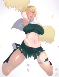 Rule 34 | 1girl, absurdres, agovitch, armpits, arms up, black legwear, blonde hair, blue eyes, blush, breasts, cheering, cheerleader, cleavage, confetti, covered erect nipples, haiboku no megami, highres, jumping, looking at viewer, midriff, navel, one eye closed, open mouth, original, pom pom (cheerleading), short hair, skindentation, smile, solo, sweat, thighs, two-tone skirt, uniform, white footwear
