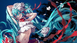 Rule 34 | 1girl, absurdly long hair, absurdres, arms up, bare arms, blue background, blue eyes, blue hair, blurry, blurry foreground, chinese commentary, commentary request, crop top, floating hair, flower, hair between eyes, hair flower, hair ornament, hatsune miku, headphones, headset, highres, kako (pixiv77158173), long hair, microphone, midriff, miniskirt, mixed-language commentary, navel, nisoku hokou (vocaloid), red skirt, skirt, solo, standing, stomach, twintails, very long hair, vocaloid, white flower