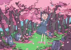 Rule 34 | 1girl, 1nupool, ^ ^, arms up, blouse, blue shirt, blue skirt, blush stickers, braid, brown hair, cherry blossoms, closed eyes, dappled sunlight, day, dot nose, facing viewer, fading, falling petals, floating hair, flower, full body, ghost, grass, graveyard, happy, highres, kneehighs, legs apart, long hair, low twintails, medium skirt, neckerchief, no feet, open hands, open mouth, original, outdoors, petals, sailor collar, scenery, school uniform, serafuku, shade, shirt, skirt, sleeve cuffs, smile, socks, solo, sunlight, tombstone, tree shade, twin braids, twintails, white neckerchief, white sailor collar, white socks, wind