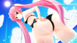 Rule 34 | 1girl, angry, artist request, ass, bare shoulders, bikini, blush, breasts, from behind, from below, hidan no aria, highres, horns, huge ass, kanzaki h. aria, long hair, looking at viewer, looking down, pink hair, red eyes, shiny skin, sideboob, sky, small breasts, solo, swimsuit, twintails, very long hair, water, wet