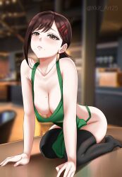 Rule 34 | 1girl, absurdres, apron, bare shoulders, black thighhighs, blush, breasts, brown eyes, brown hair, chainsaw man, cleavage, collarbone, green apron, higashiyama kobeni, highres, medium breasts, mole, mole under eye, mole under mouth, naked apron, short hair, short ponytail, solo, thighhighs, thighs, xkit