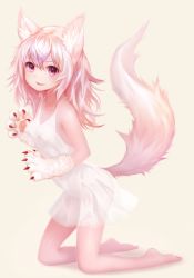 Rule 34 | &gt;:), 1girl, animal ears, animal hands, bad id, bad pixiv id, breasts, dress, fangs, fox ears, fox tail, full body, hair between eyes, highres, kneeling, looking at viewer, original, parted lips, pink eyes, see-through, simple background, small breasts, smile, solo, sukemyon, tail, tan background, v-shaped eyebrows, white dress, white hair